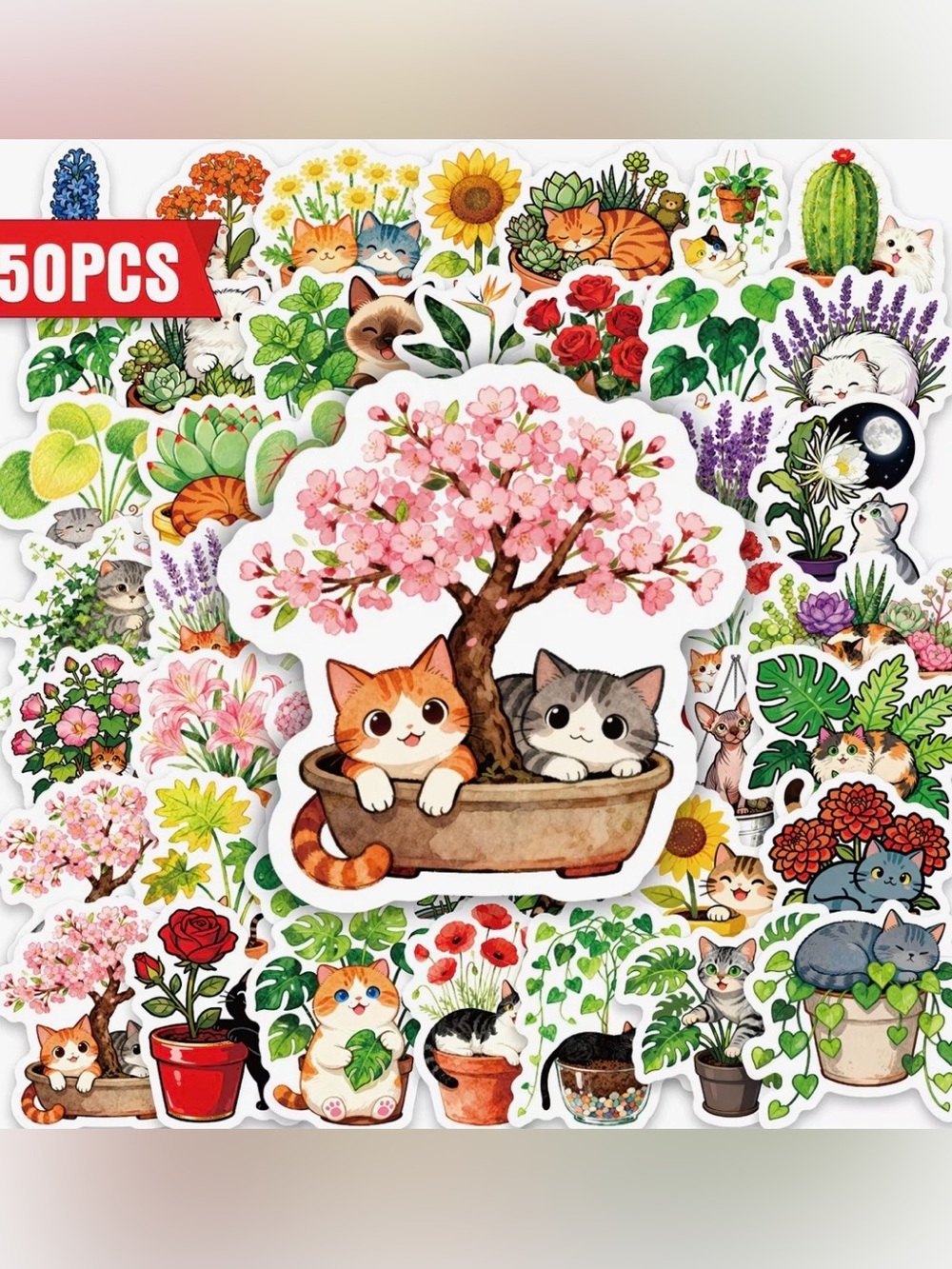 50 Kitty Cats in Plants Stickers Potted Flowers Succulents Cacti